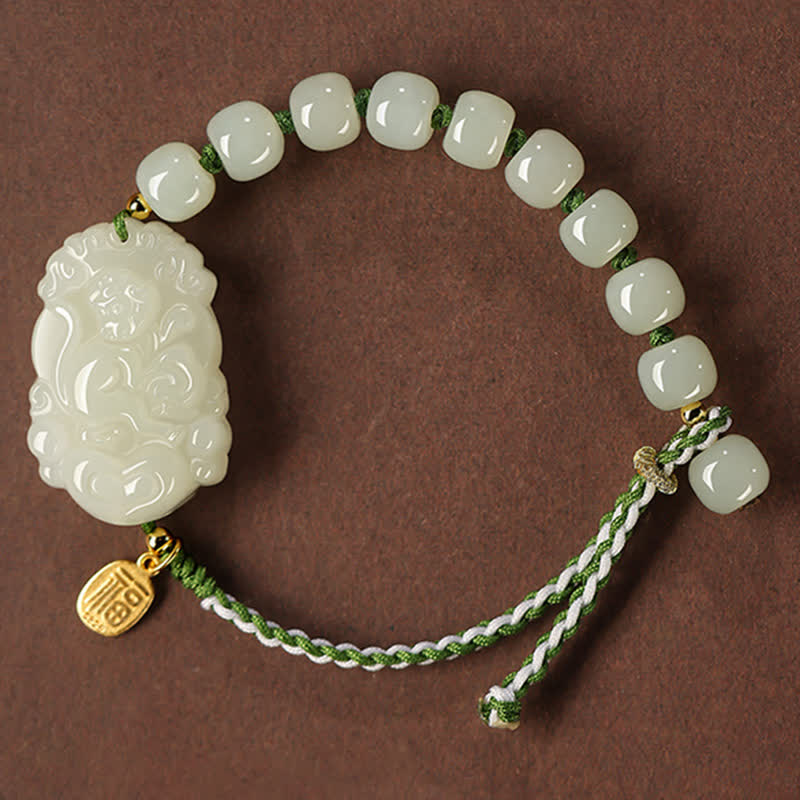 Wear FengShui 925 Sterling Silver Chinese Zodiac Hetian Jade Happiness Luck String Bracelet