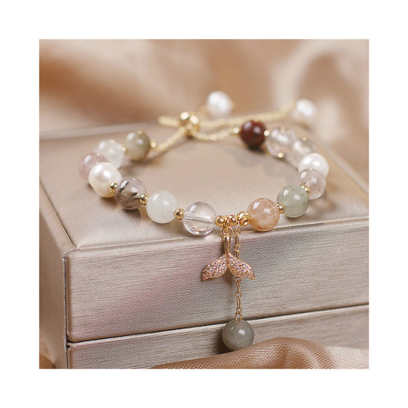 Wear FengShui Strawberry Quartz Rutilated Quartz Fishtail Charm Healing Bracelet