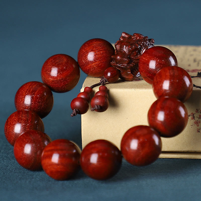 Wear FengShui Rosewood Green Sandalwood Small Leaf Red Sandalwood Dragon Carved Protection Bracelet