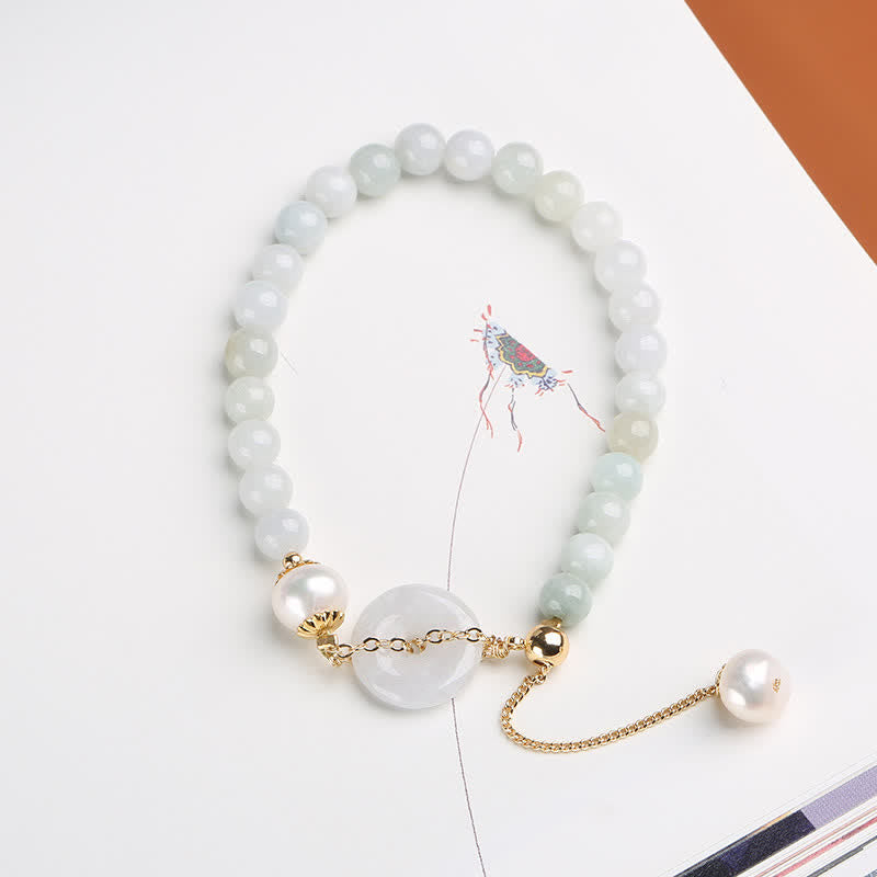 Wear FengShui Natural Jade Pearl Peace Buckle Prosperity Luck Bracelet