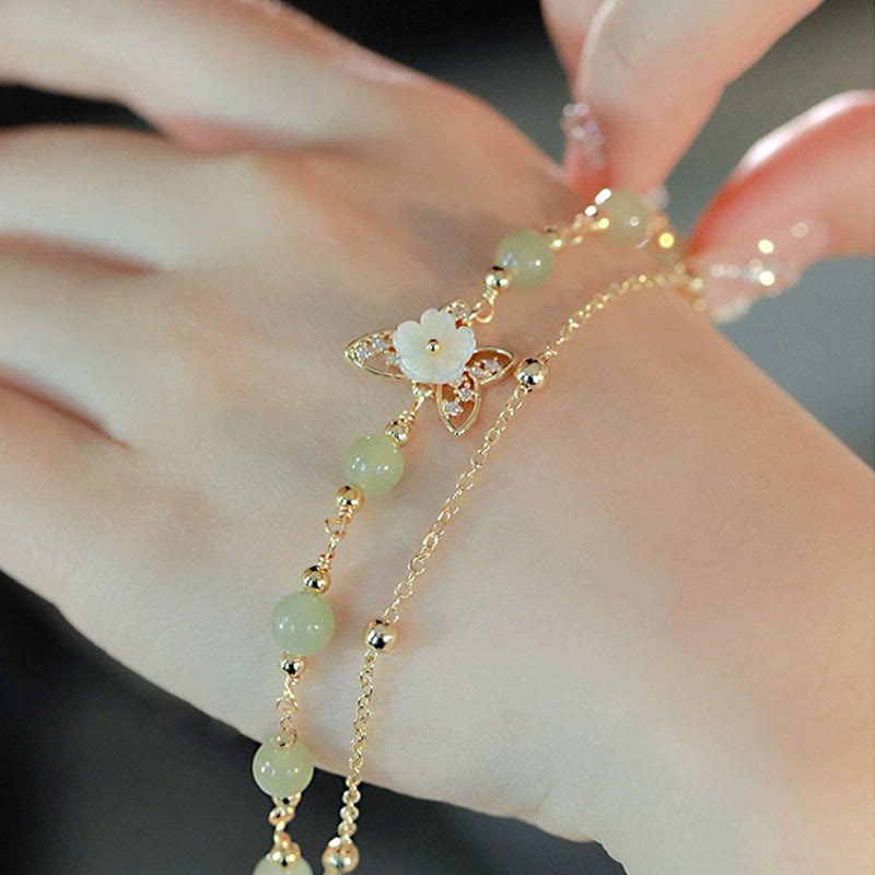 Wear FengShui 14K Gold Plated Jade Butterfly Tridacna Stone Flower Double Layer Luck Bracelet