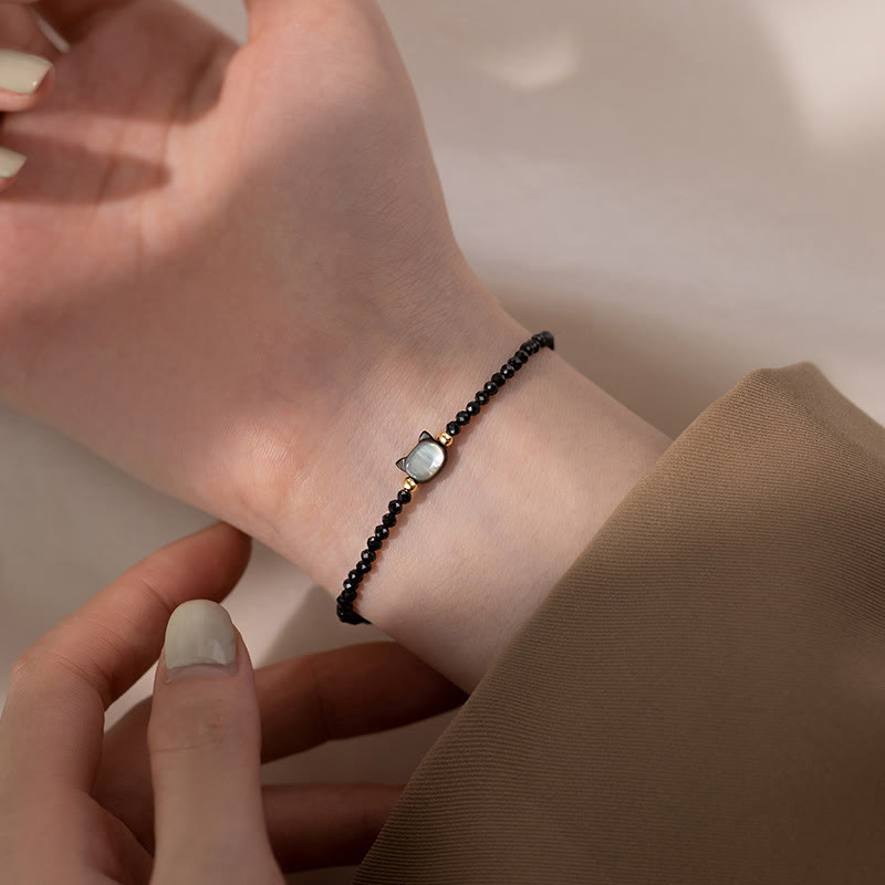 Wear FengShui 14K Gold Plated Black Spinel White Crystal Cute Cat Tridacna Stone Healing Bracelet