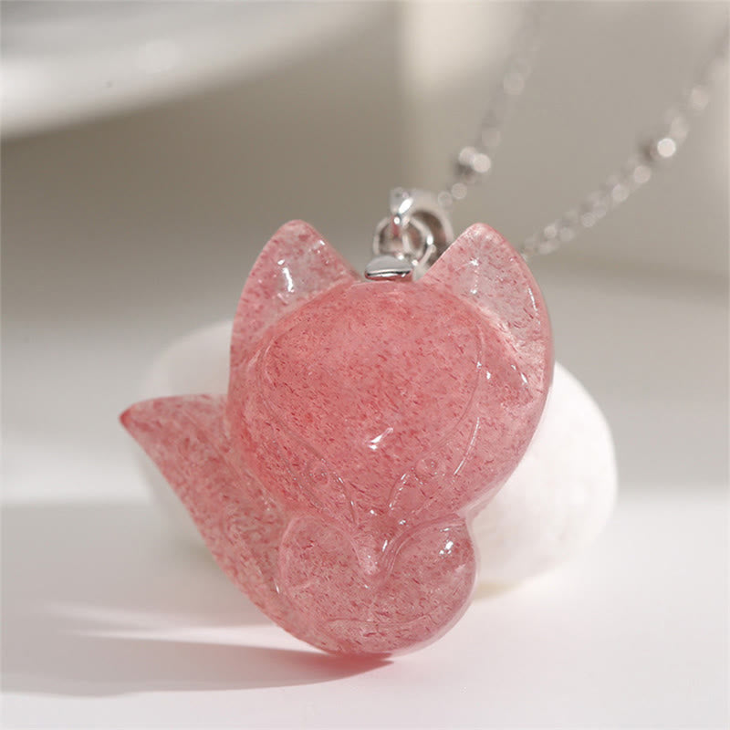 Wear FengShui 925 Sterling Silver Plated 14k Gold Strawberry Quartz Fox Healing Necklace Pendant