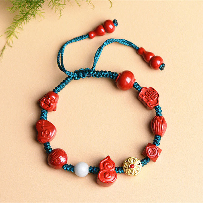 Wear FengShui Natural Cinnabar Gourd Om Mani Padme Hum Laughing Buddha Blessing String Bracelet