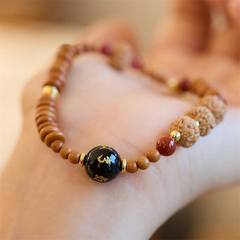 Wear FengShui Tibetan Bodhi Seed Black Onyx Smoky Quartz Om Mani Padme Hum Fu Character Wealth Bracelet