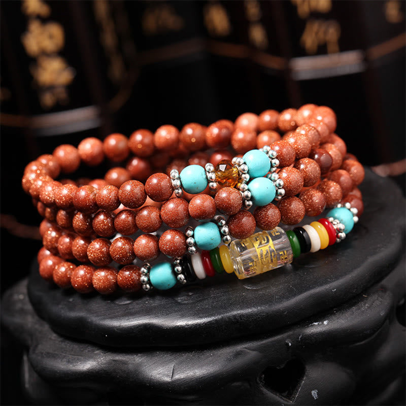 Wear FengShui 108 Mala Beads Goldstone Om Mani Padme Hum Swastika Confidence Bracelet