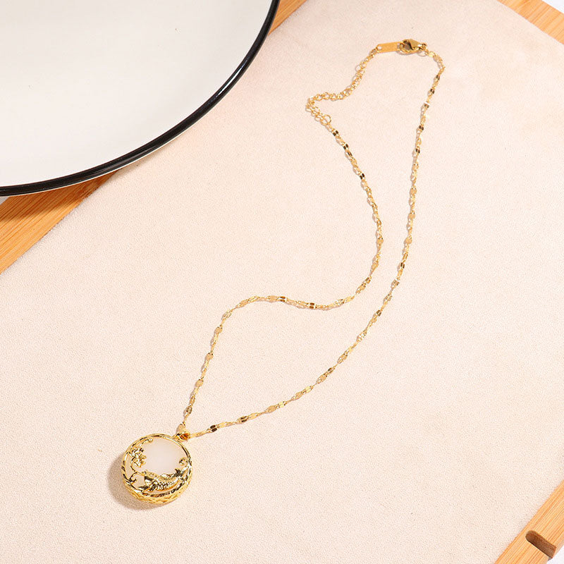 Wear FengShui Natural Jade Koi Fish Lotus Luck Necklace Pendant