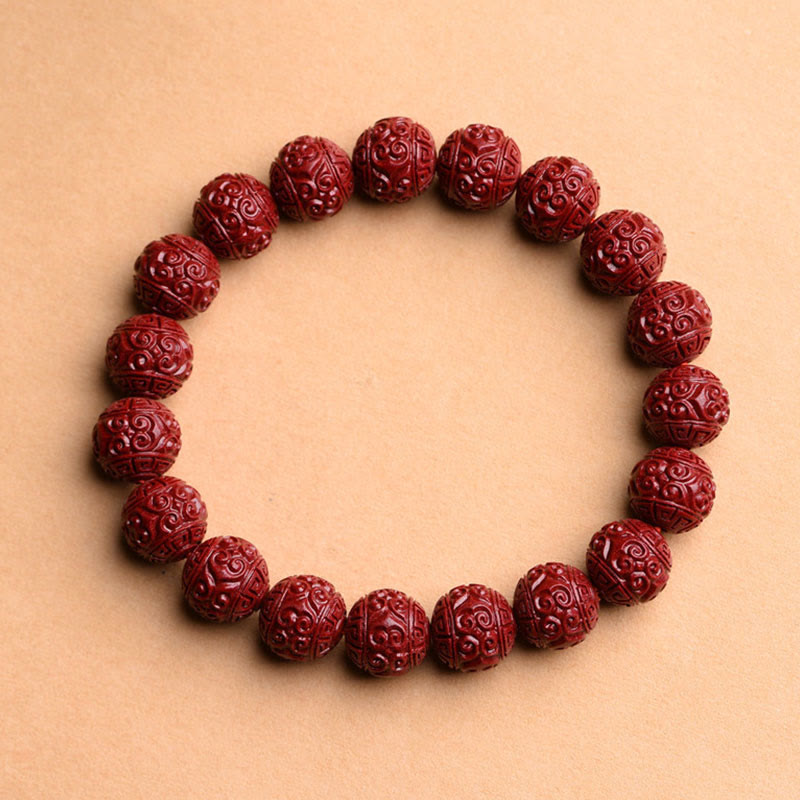 Wear FengShui Natural Cinnabar Om Mani Padme Hum Fret Pattern Lotus Blessing Bracelet
