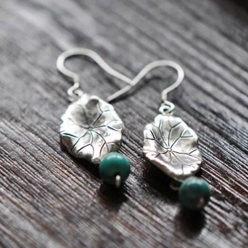 Wear FengShui 925 Sterling Silver Turquoise Lotus Leaf Protection Drop Dangle Earrings