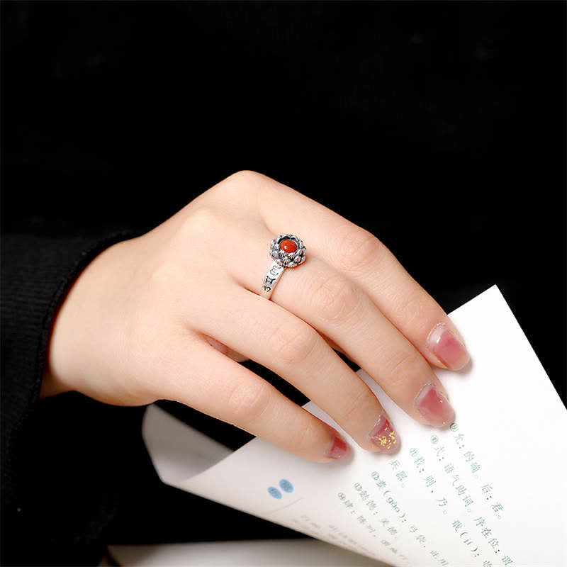 Wear FengShui925 Sterling Silver Lotus Red Agate Confidence Blessing Ring