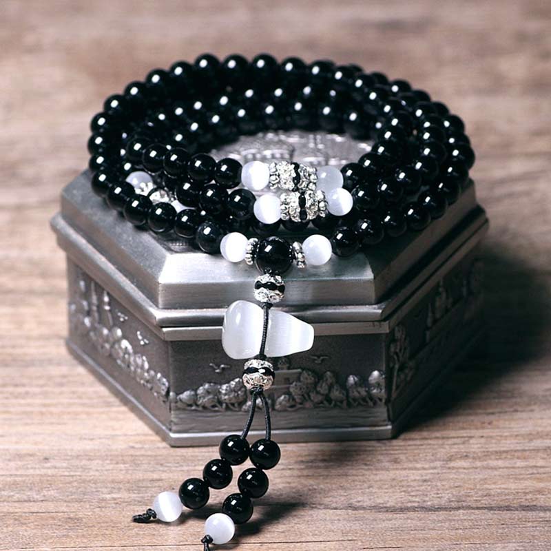 Wear FengShui Black Onyx White Crystal Bead Meditation Bracelet