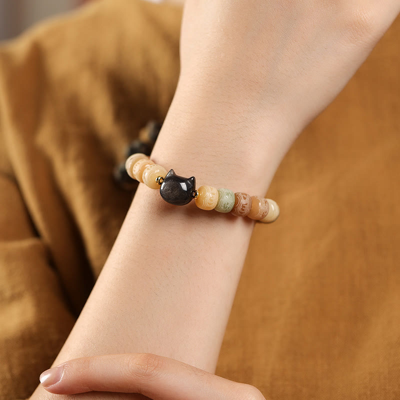 Wear FengShui Bodhi Seed Silver Sheen Obsidian Cat Head Om Mani Padme Hum Engraved Harmony Bracelet