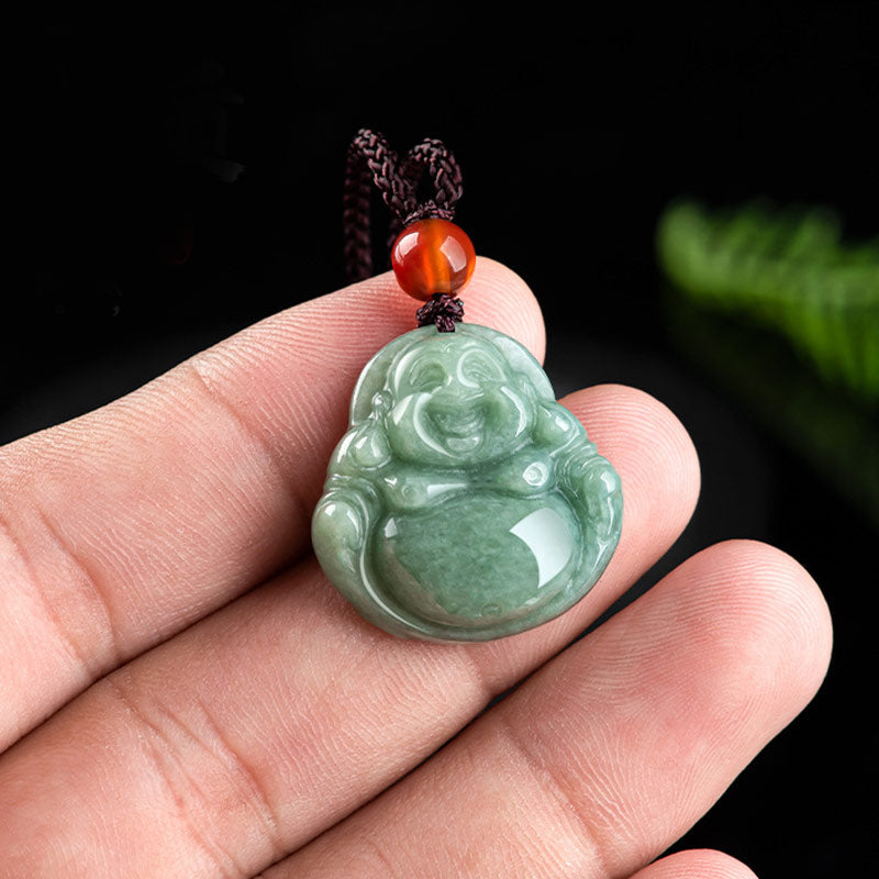 Wear FengShui Laughing Buddha Cyan Jade Success Necklace String Pendant