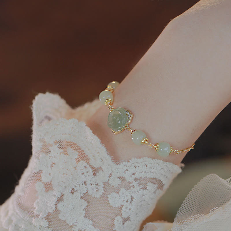 Wear FengShui 14K Gold Plated Hetian Jade Rose Flower Luck Chain Bracelet