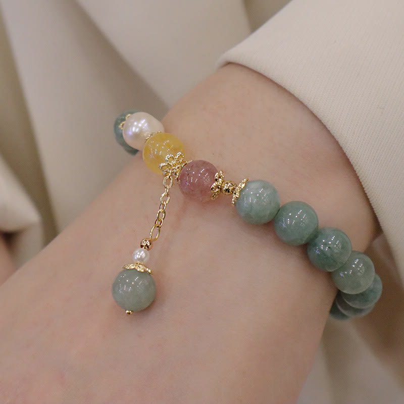 Wear FengShui Jade Pearl Strawberry Quartz Abundance Luck Bead Charm Bracelet