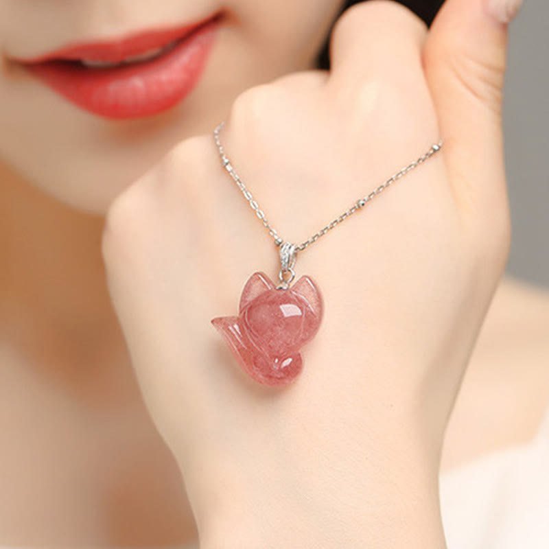 Wear FengShui 925 Sterling Silver Plated 14k Gold Strawberry Quartz Fox Healing Necklace Pendant