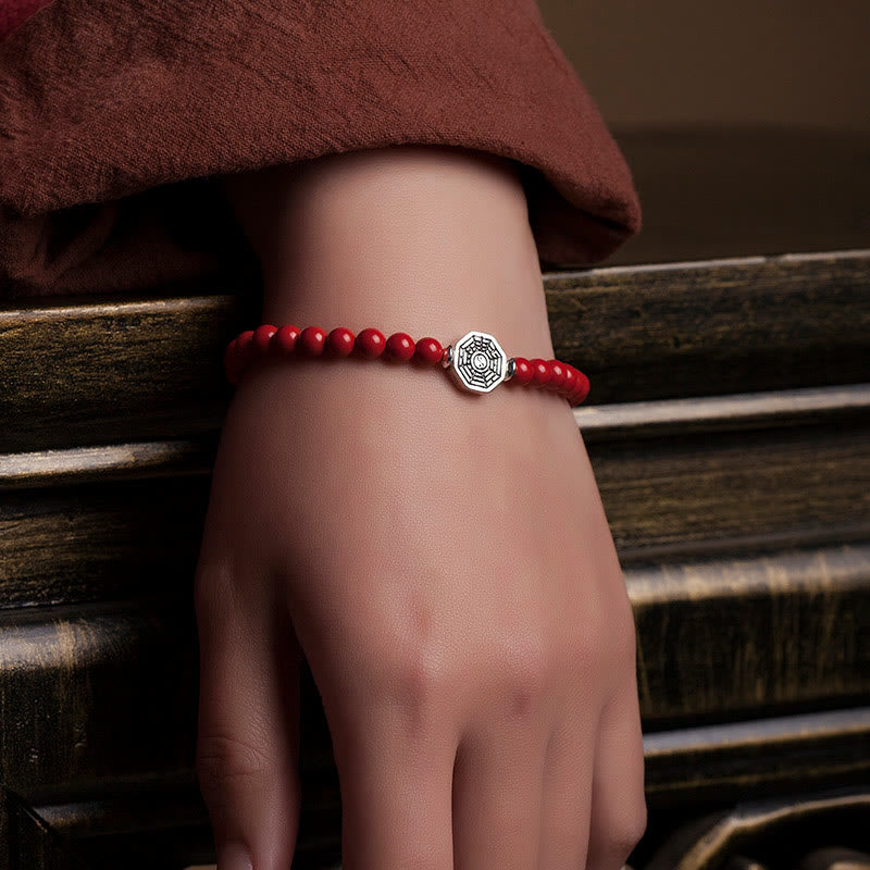 Wear FengShui 925 Sterling Silver Yin Yang Bagua Symbol Cinnabar String Concentration Bracelet