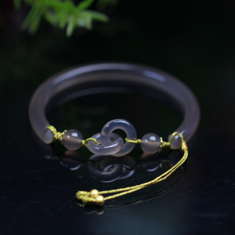 Wear FengShui Natural Gray Agate Double Peace Buckle Balance Bracelet Bangle