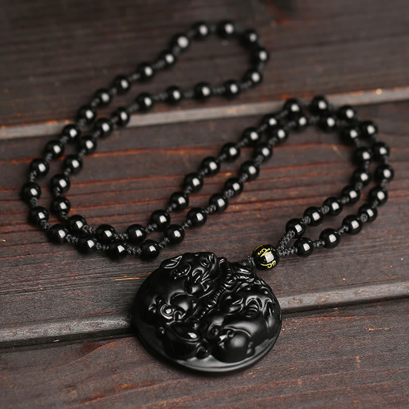 Wear FengShui Black Obsidian Double Pixiu Bead Rope Purification Necklace Pendant