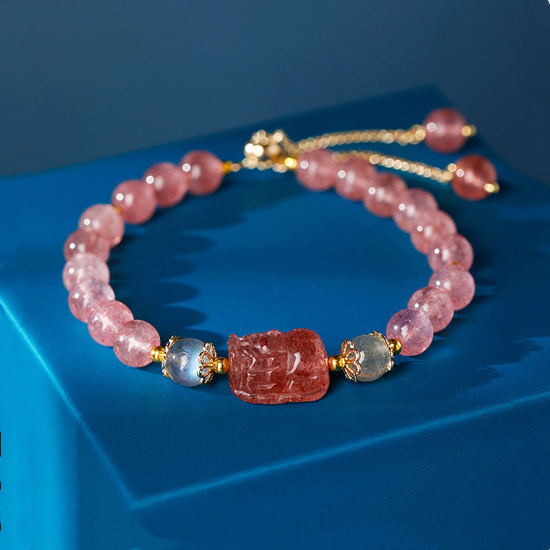 Wear FengShui Aquamarine Strawberry Quartz Amethyst Moonstone PiXiu Healing Bracelet