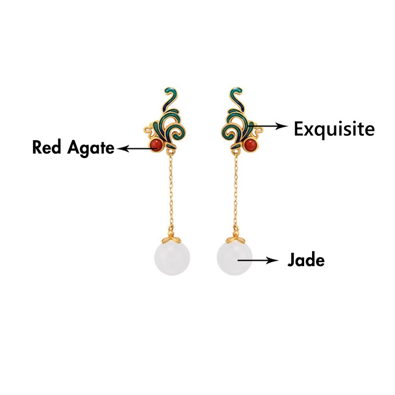 Wear FengShui Vintage White Jade Red Agate Bead Blessing Drop Dangle Earrings