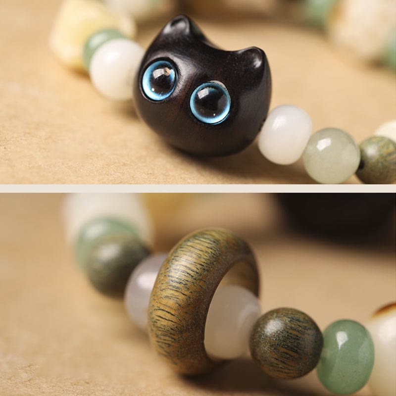 Wear FengShui Bodhi Seed Green Sandalwood Ebony Wood Small Leaf Red Sandalwood Cat Head Paw Claw Peace Bracelet