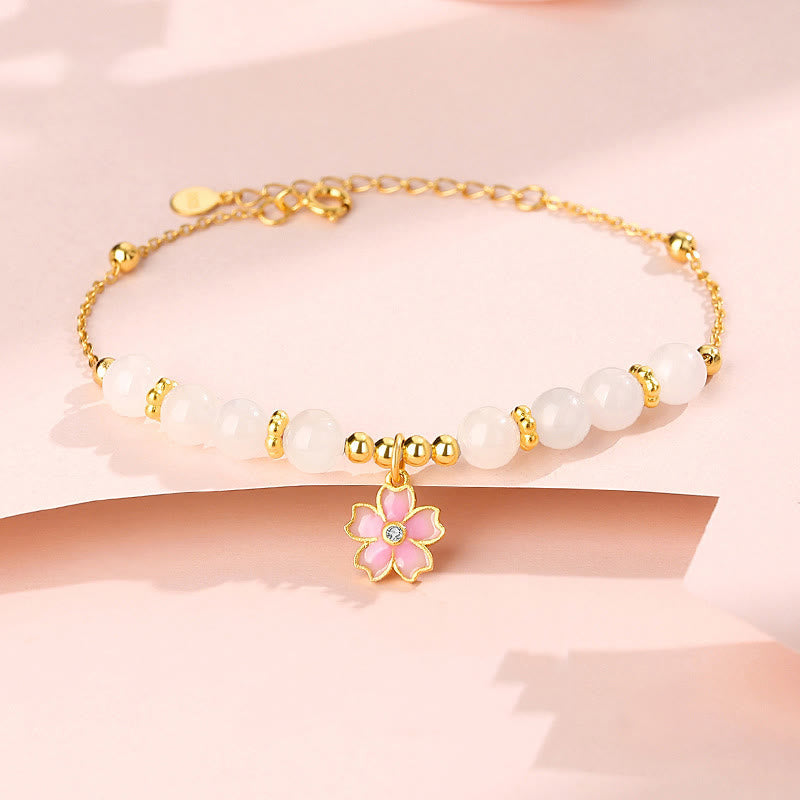 Wear FengShui 925 Sterling Silver Hetian White Jade Cherry Blossom Protection Bracelet