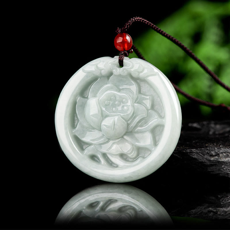 Wear FengShui Natural Jade Lotus Flower Carved Prosperity Necklace Pendant