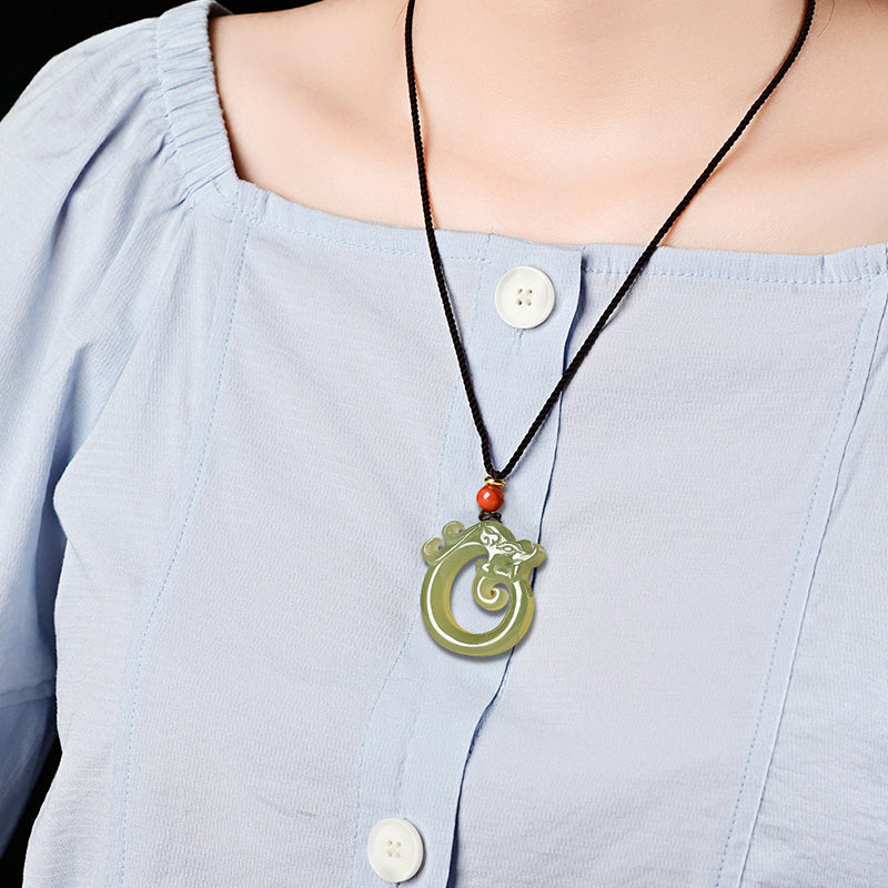 Wear FengShui White Jade Cyan Jade Dragon Protection Necklace String Pendant