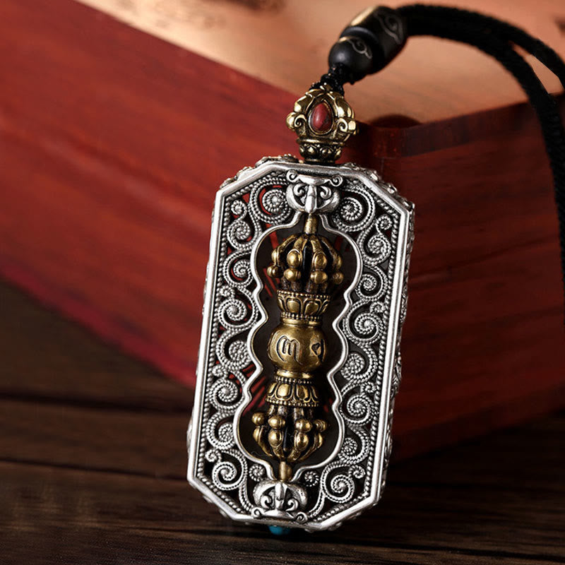 Wear FengShui Tibetan Om Mani Padme Hum Carved Dorje Vajra Rotatable Lotus Pattern Purity Rope Necklace Pendant