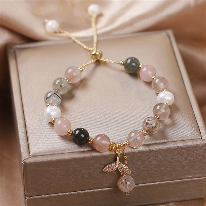 Wear FengShui Strawberry Quartz Rutilated Quartz Fishtail Charm Healing Bracelet