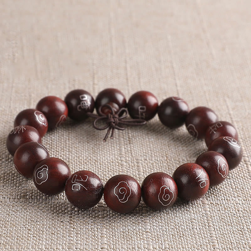 Wear FengShui 925 Sterling Silver Inlaid Small Leaf Red Sandalwood Om Mani Padme Hum Character Auspicious Clouds Protection Bracelet