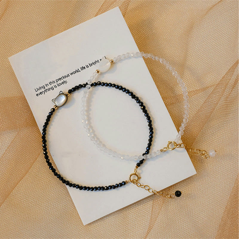 Wear FengShui 14K Gold Plated Black Spinel White Crystal Cute Cat Tridacna Stone Healing Bracelet