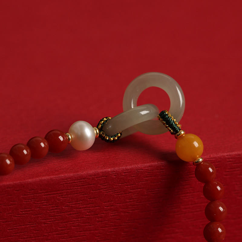 Wear FengShui Natural Red Agate Hetian Jade Double Peace Buckle Confidence Bracelet