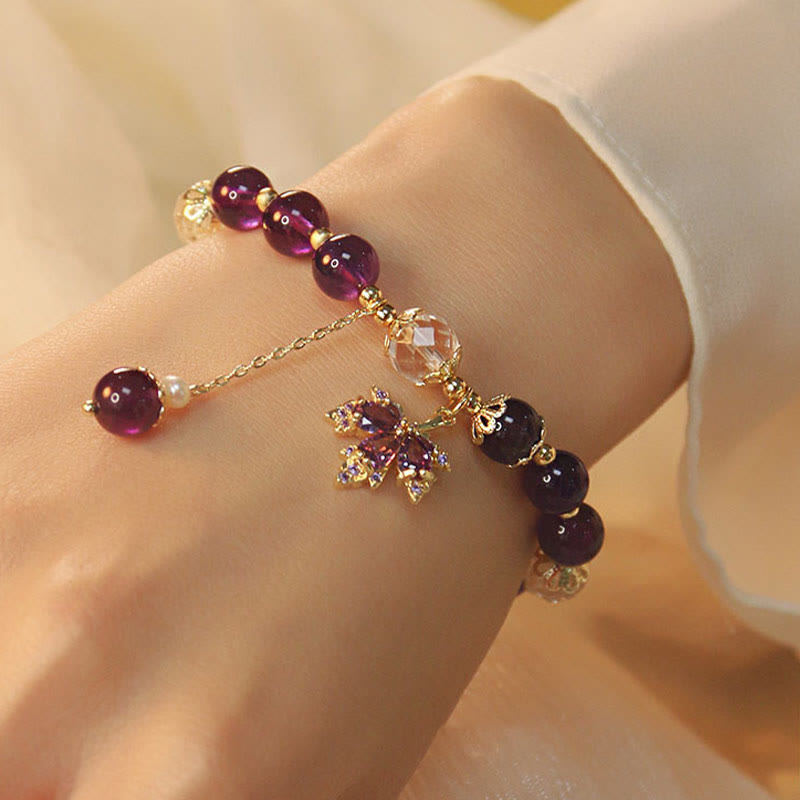 Wear FengShui 14k Gold Plated Natural Amethyst Healing Maple Leaf Charm Bracelet