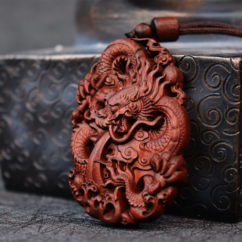 Wear FengShui Lightning Struck Jujube Wood Double Dragon Relief Ward Off Evil Spirits Necklace Pendant