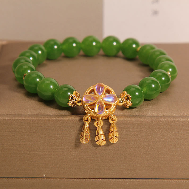 Wear FengShui Green Jade Dreamcatcher Four Leaf Clover Luck Bracelet