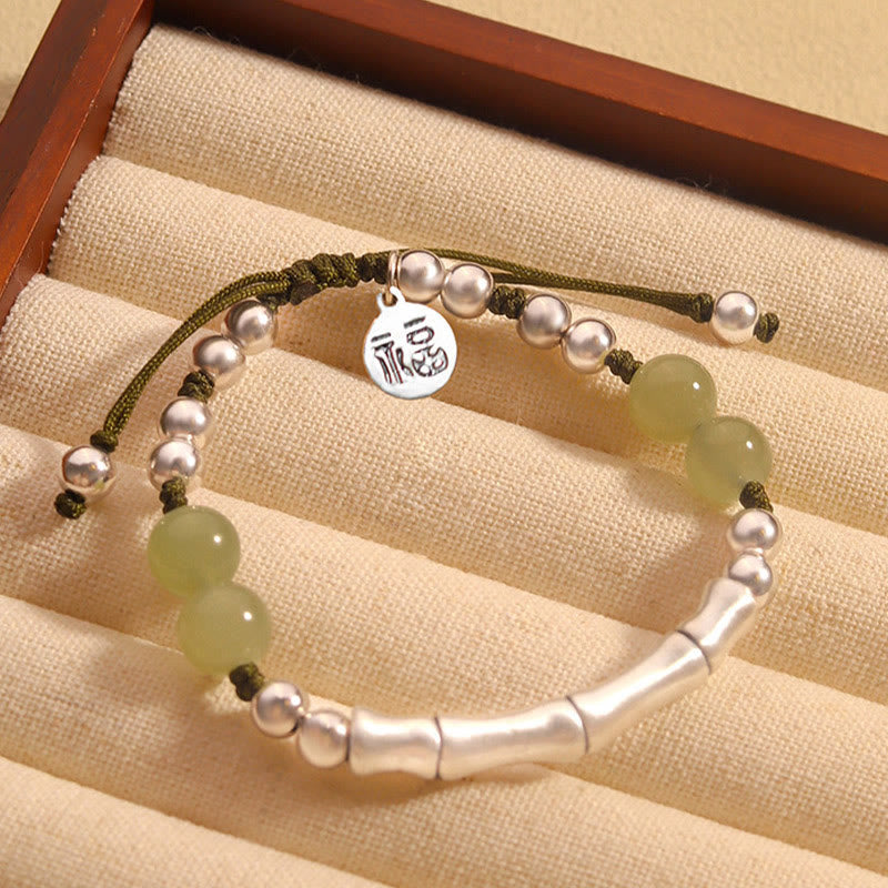 Wear FengShui 925 Sterling Silver Natural Jade Fu Character Bamboo Abundance Bracelet