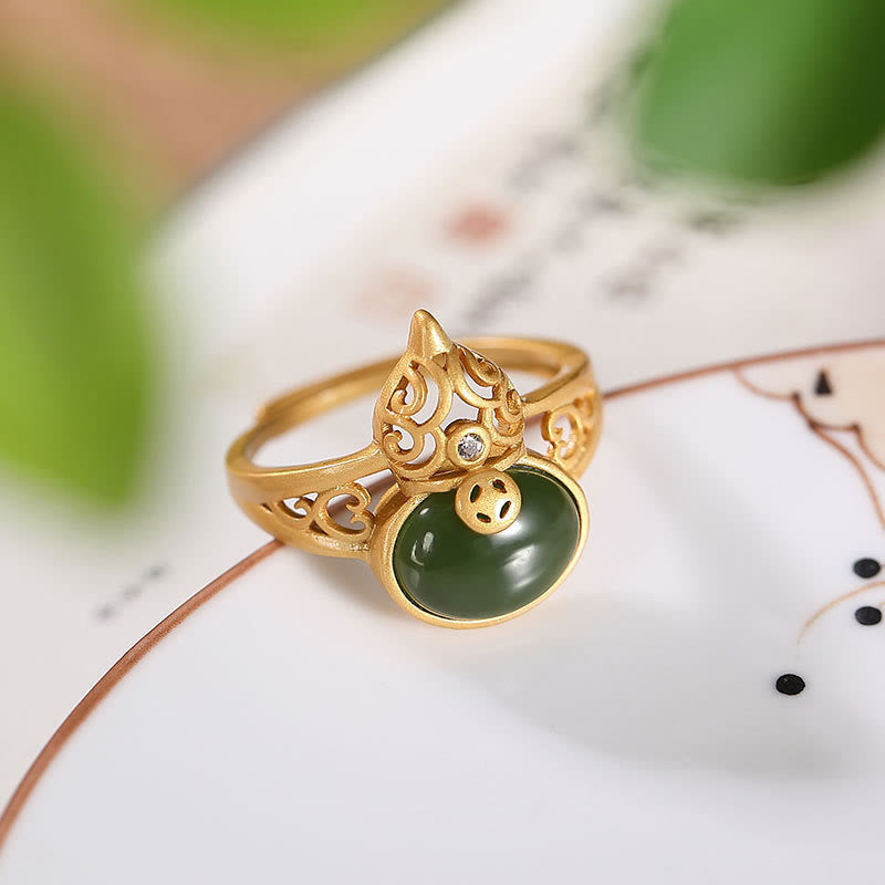 Wear FengShui Gourd Cyan Jade Copper Coin Success Luck Adjustable Ring