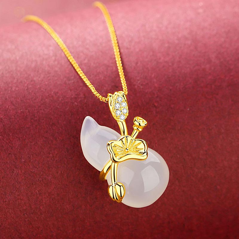 Wear FengShui Cyan Jade Gourd Lotus Leaf Abundance Pendant Necklace