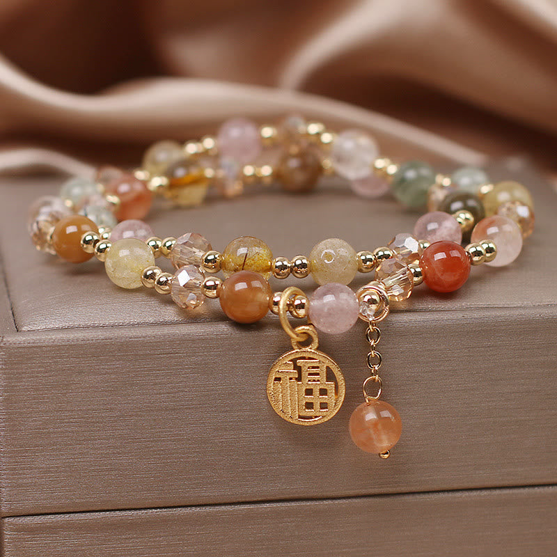 Wear FengShui Multicolored Rutilated Quartz Fu Character Auspiciousness Bracelet