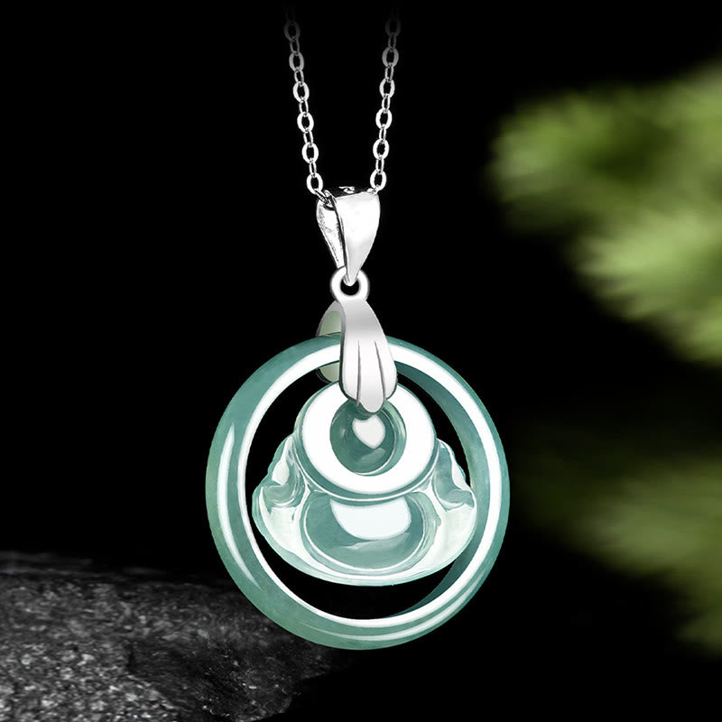 Wear FengShui Natural Jade Round Laughing Buddha Abundance Titanium Steel Chain Necklace Pendant