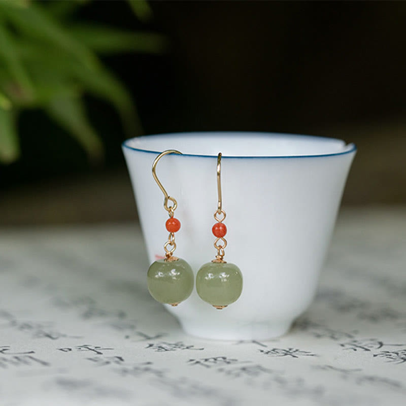 Wear FengShui 925 Sterling Silver Plated 14k Gold Hetian Jade Red Agate Luck Drop Dangle Earrings