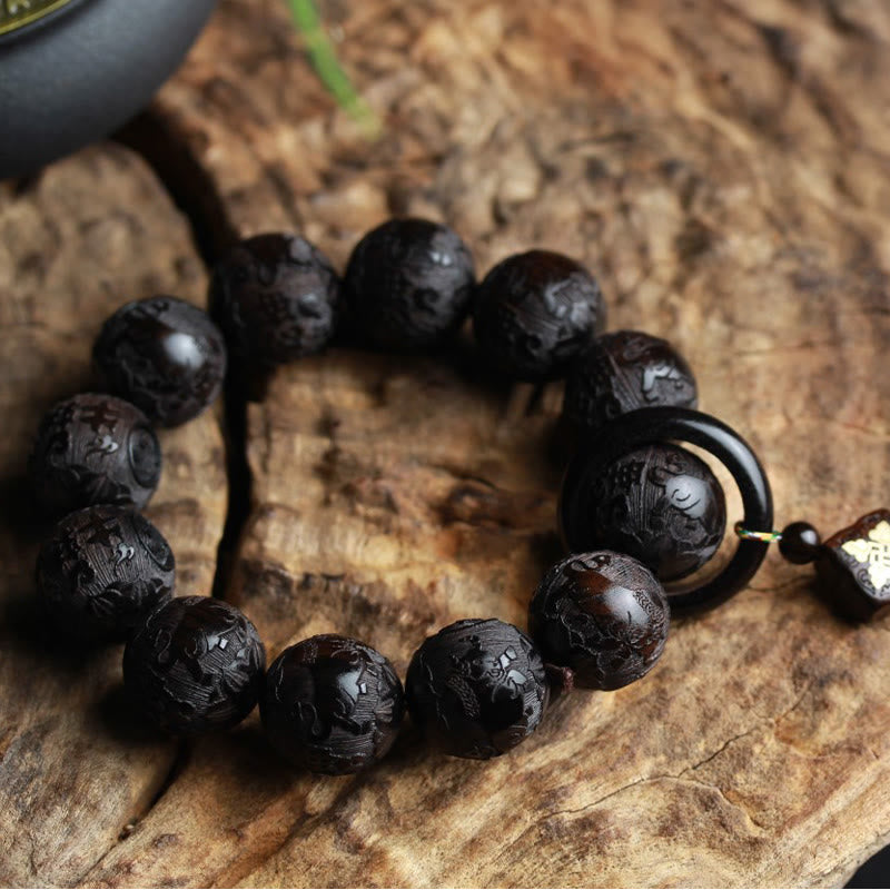 Wear FengShui Ebony Wood Chinese Character Yin Yang Engraved Gourd Balance Bracelet