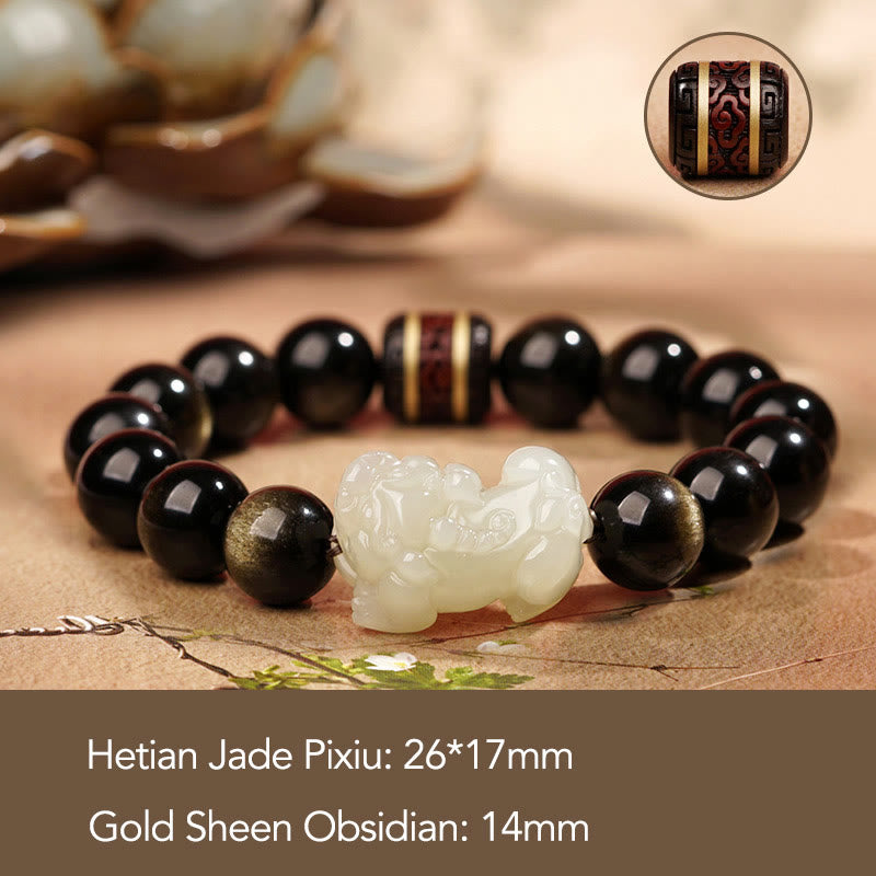 Wear FengShui Natural Gold Sheen Obsidian Hetian Cyan Jade White Jade PiXiu Wealth Bracelet