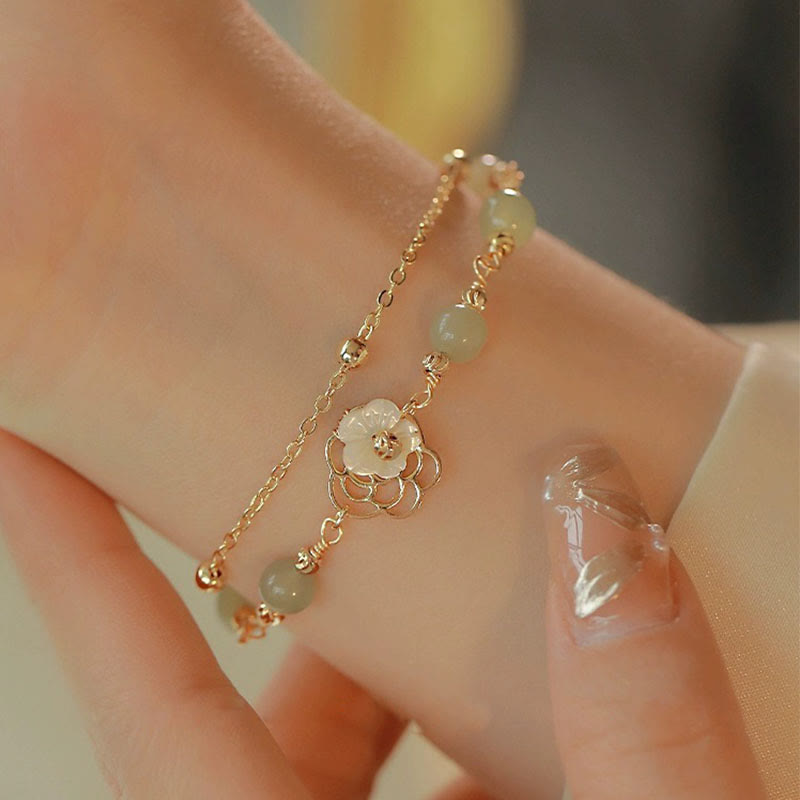 Wear FengShui 14K Gold Plated Jade Butterfly Tridacna Stone Flower Double Layer Luck Bracelet