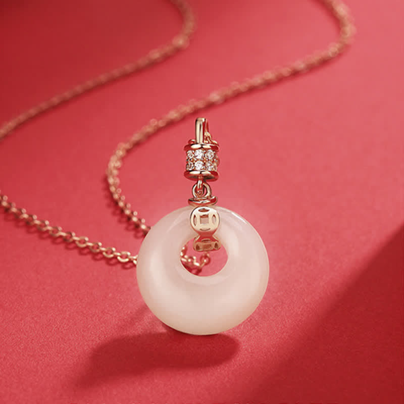 Wear FengShui 925 Sterling Silver Hetian White Jade Coin Flower Peace Buckle Luck Necklace Pendant