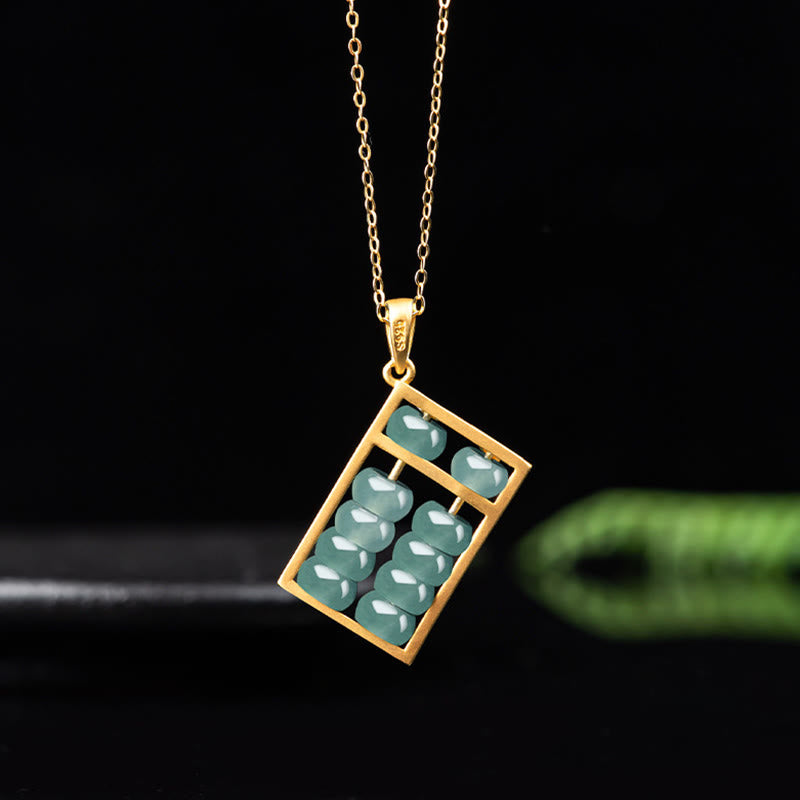 Wear FengShui Natural Jade Abacus Pattern Abundance Titanium Steel Chain Necklace Pendant