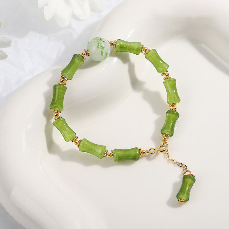 Wear FengShui Green Bamboo Pattern Liuli Crystal Moss Agate Wealth Chain Bracelet