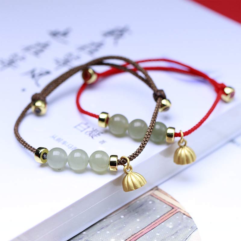 Wear FengShui Natural Jade Lotus Seed Strength Red String Weave Bracelet